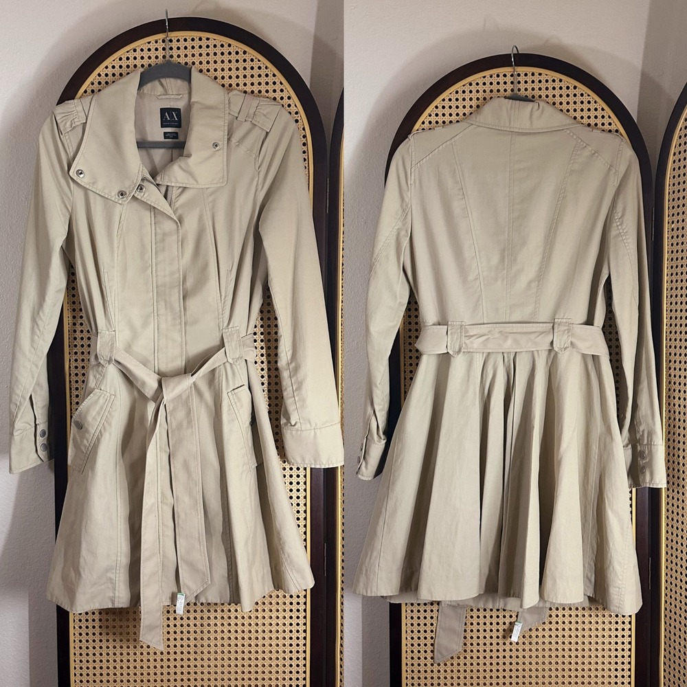 Armani Exchange Beige Belted Fit and Flare Pleated Trench Coat Sz M Preppy
